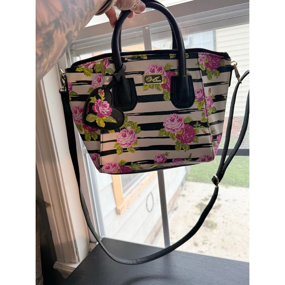 Luv Betsey by Betsey Johnson Naomi Floral & Striped Satchel Crossbody Purse Bag